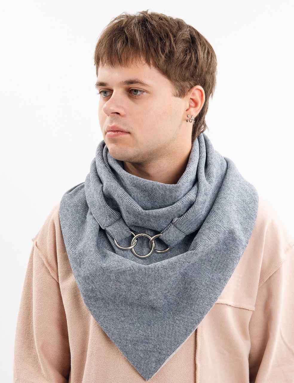 Чоловічий 2-сторонній вовняний шарф, сірий в дрібну смужуку "Единбург", на кільцях, від My scarf снуд, бактус, фото 1