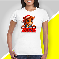 Футболка біла жіноча з новорічним принтом "Сім'я веселих новорічних коней"