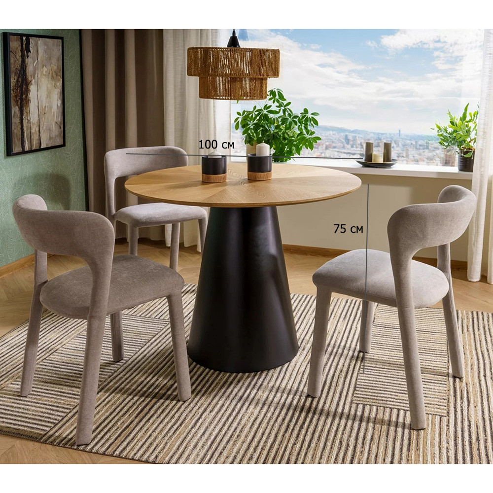 Круглий стіл та 3 стільці Angel 100 см дуб з бежевими тканинними стільцями у сучасному стилі, фото 1