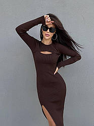 Жіноча сукня міді з довгими рукавами в’язка у рубчик Smmk9487