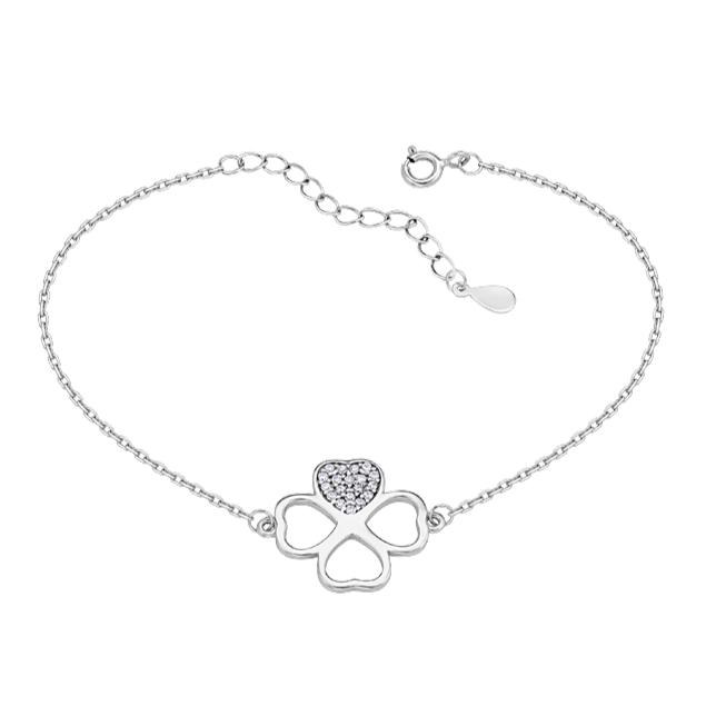 Срібний браслет Клевер, витончений ланцюжок, білі камені, модна прикраса для жінок