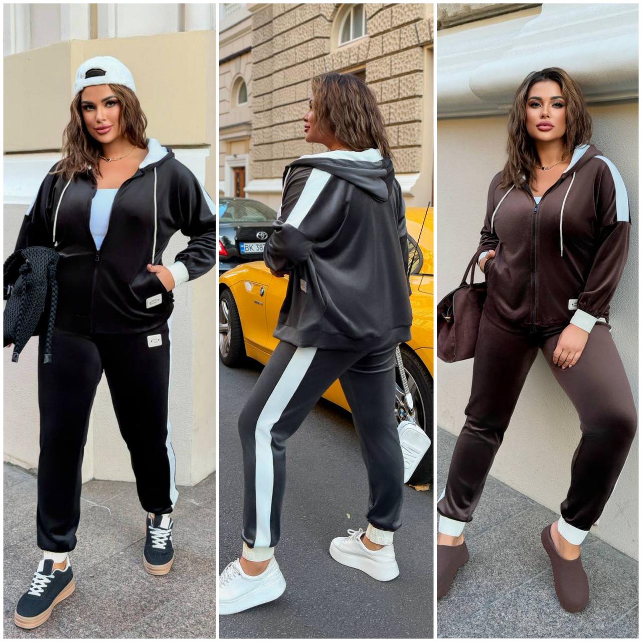 Жіночий велюровий спортивний костюм з кофтою на блискавці батал: 50-52, 54-56, 58-60, 62-64 графіт, чорний, шоколад - фото 1 - id-p2770157279