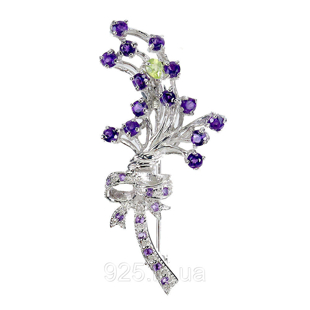 Брошка. Натуральний аметист, перидот і гранат родоліт. Срібло 925., фото 1