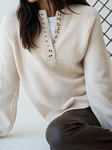 Светр жіночий в'язаний з ґудзиками на горловині (Туреччина), ванільний