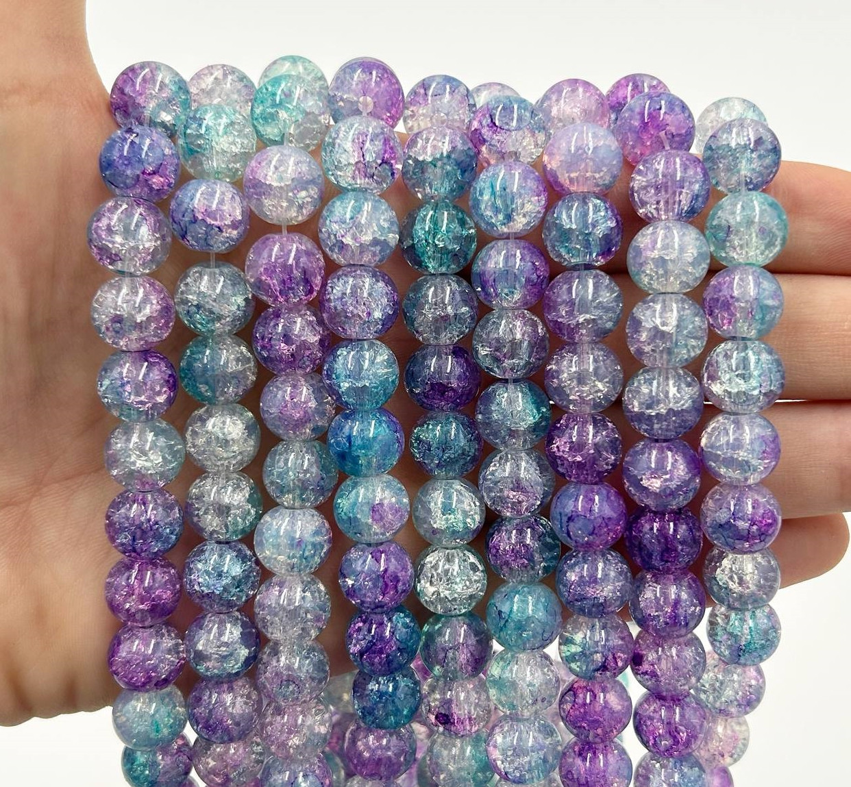 Скляні намистини "Бите скло" / Упаковка ≈ 75 шт / Ø10мм / Прозорий / Бузковий+блакитний, фото 1