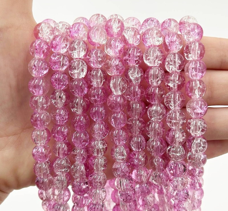 Скляні намистини "Бите скло" / Упаковка ≈ 75 шт / Ø10мм / Прозорий+Рожевий, фото 1