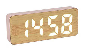 Настільний годинник будильник електронний з великими цифрами, що світяться led, на батарейках і від мережі, рожевий