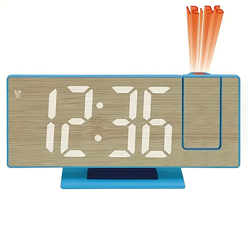 Настільний годинник-будильник електронний з великими цифрами led + проекція на батарейках і від мережі, синій