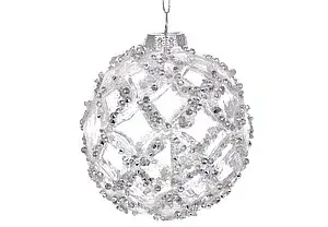 Ялинкова прикраса скляна куля зі стразами та срібним візерунком 8 см