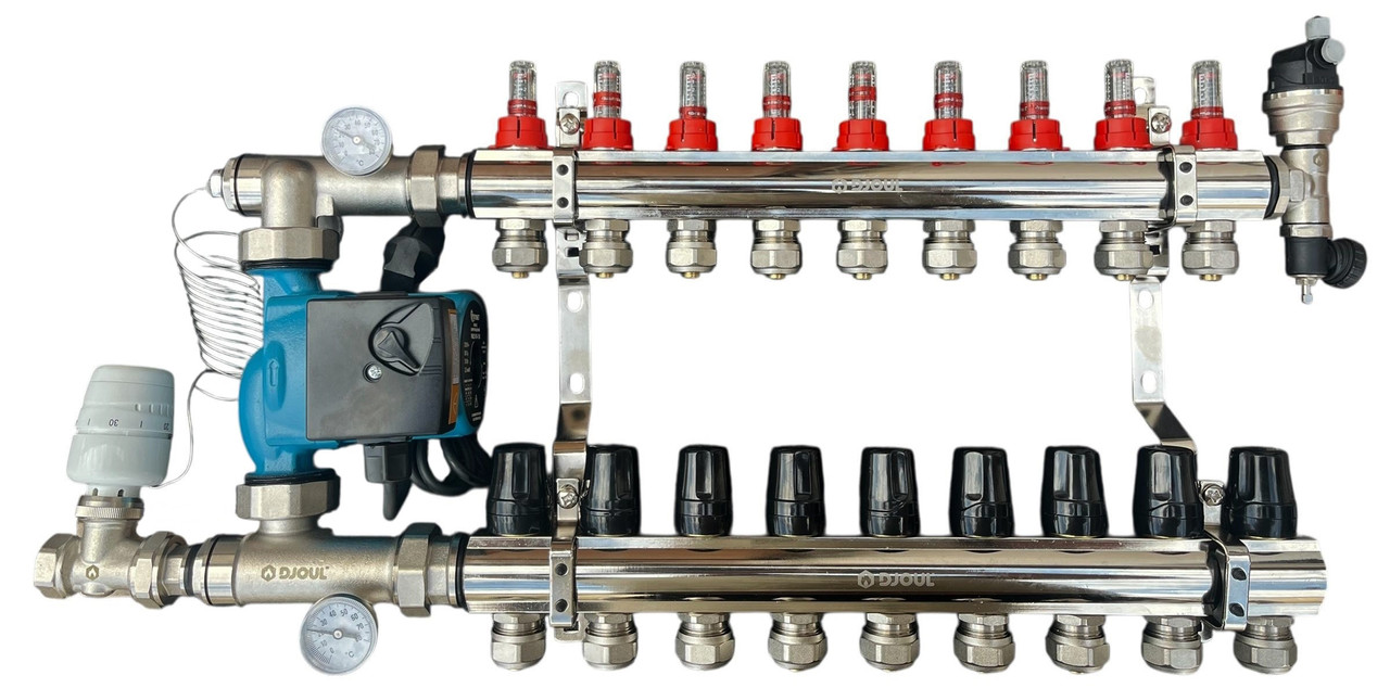Колектор для теплої підлоги в зборі на 9 контурів (латунний) КОМПЛЕКТ, «DJOUL» Туреччина