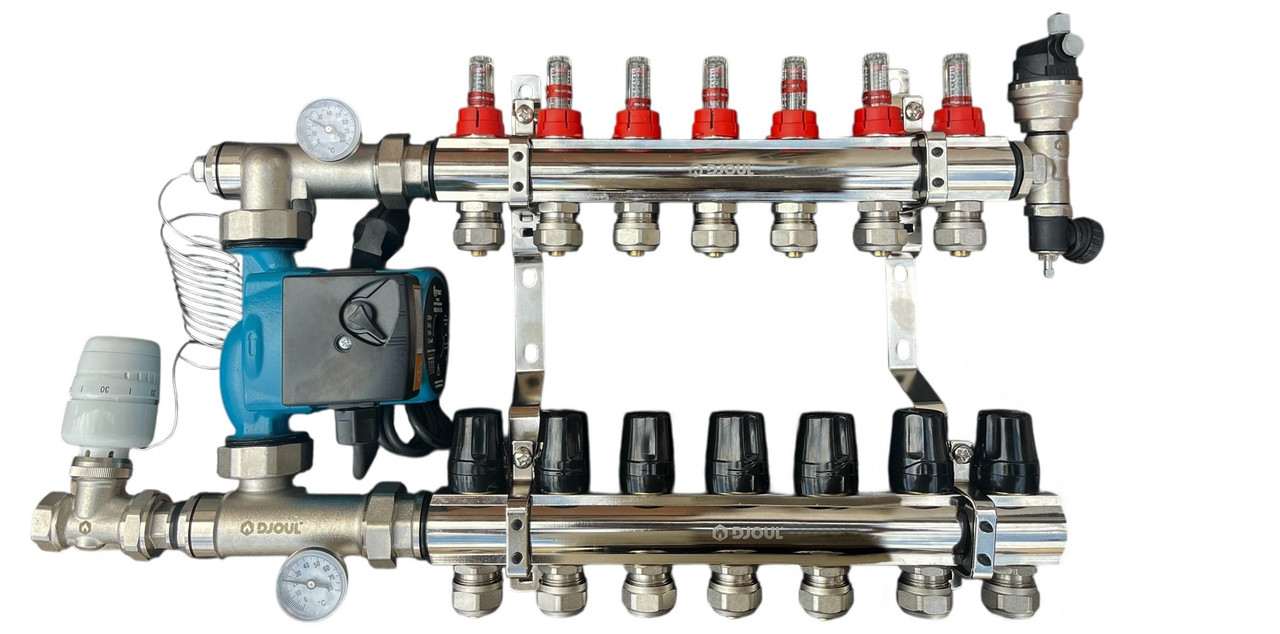 Колектор для теплої підлоги в зборі на 7 контурів (латунний) КОМПЛЕКТ, «DJOUL» Туреччина