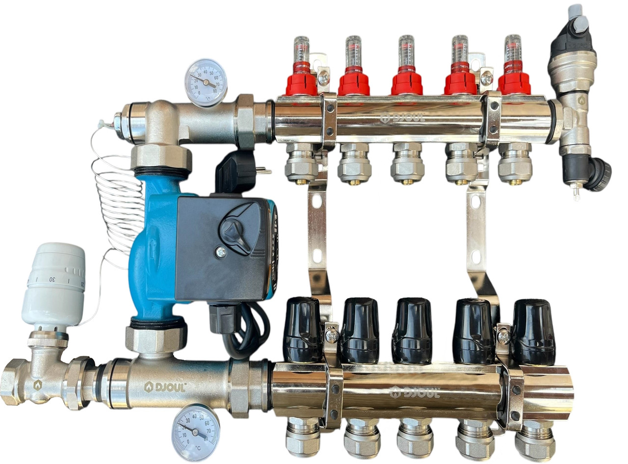 Колектор для теплої підлоги в зборі на 5 контурів (латунний) КОМПЛЕКТ, «DJOUL» Туреччина