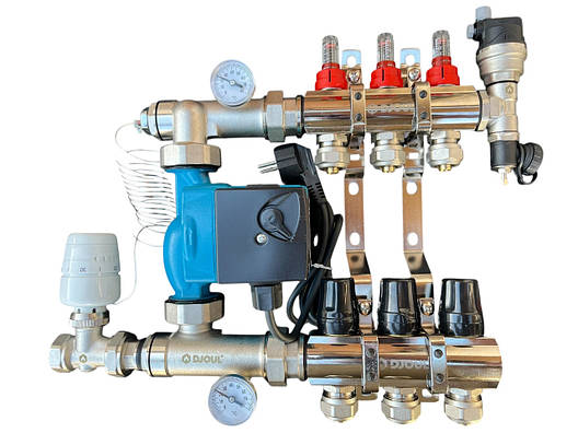 Колектор для теплої підлоги в зборі на 3 контури (латунний) КОМПЛЕКТ, «DJOUL» Туреччина, фото 1