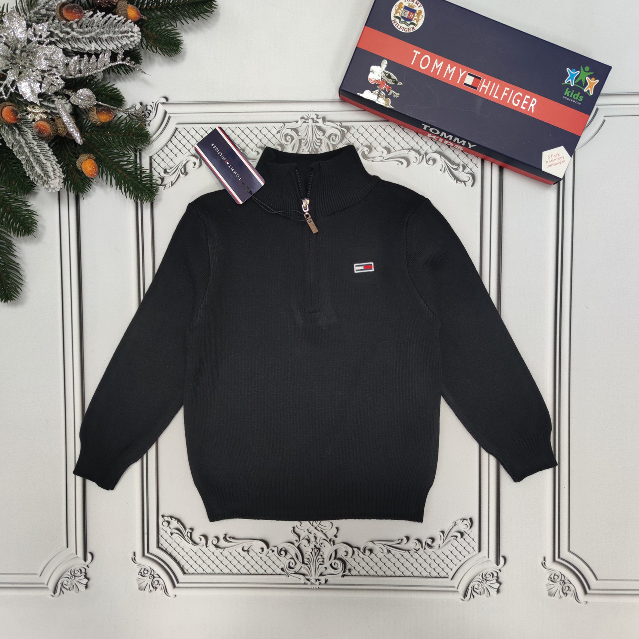 Дитячий чорний джемпер з блискавкою Томмі для хлопчика, однотонний дитячий пуловер