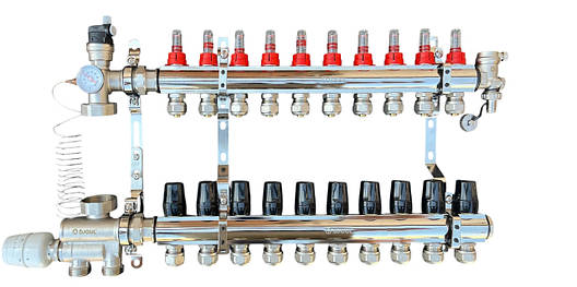 Колектор для теплої підлоги в зборі на 10 контурів з вузлом нижнього підключення (латунний), «DJOUL» Туреччина, фото 1