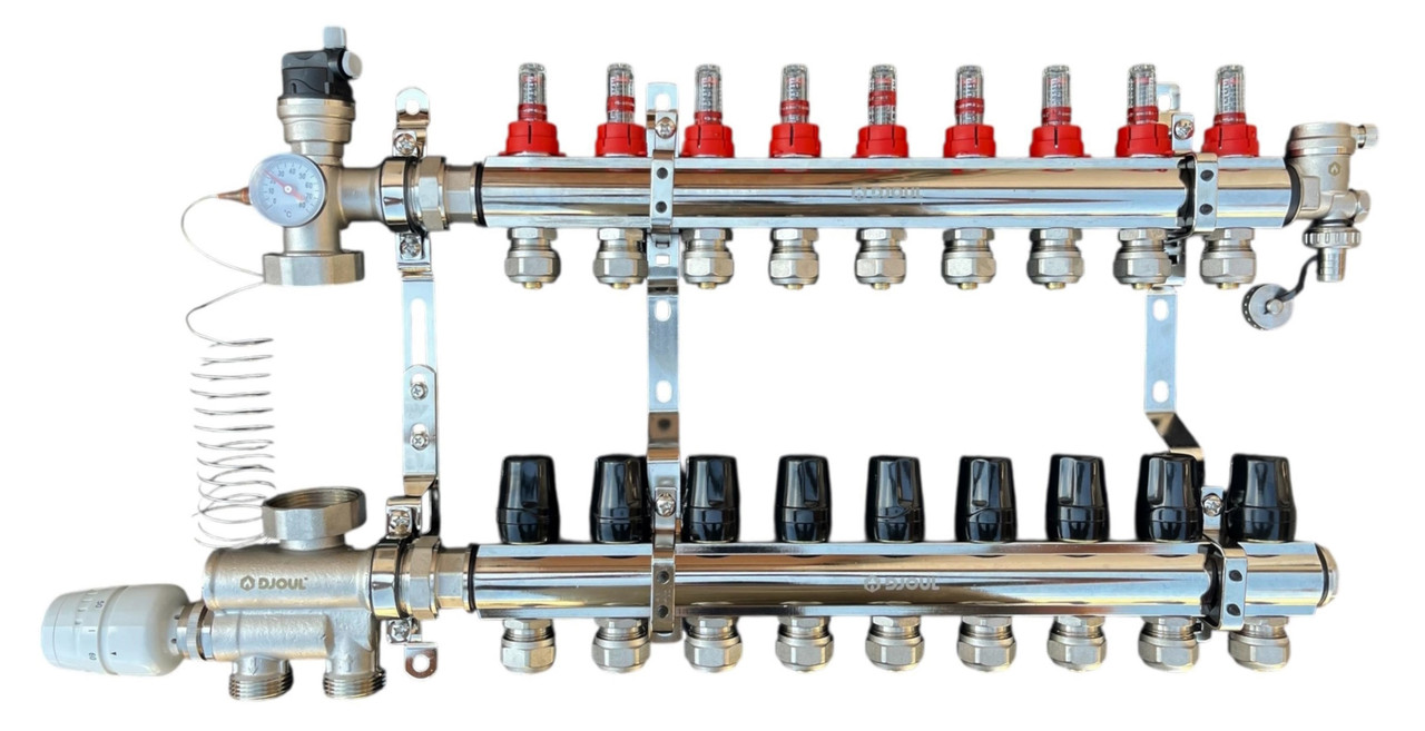 Колектор для теплої підлоги в зборі на 9 контурів з вузлом нижнього підключення (латунний), «DJOUL» Туреччина