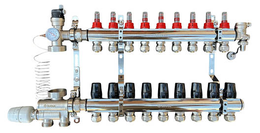 Колектор для теплої підлоги в зборі на 9 контурів з вузлом нижнього підключення (латунний), «DJOUL» Туреччина, фото 1
