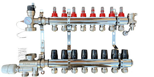 Колектор для теплої підлоги в зборі на 8 контурів з вузлом нижнього підключення (латунний), «DJOUL» Туреччина, фото 1