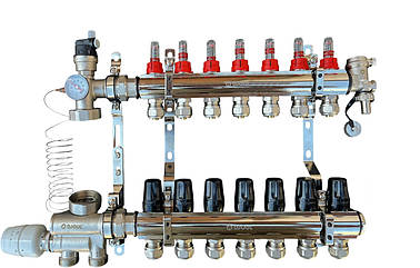 Колектор для теплої підлоги в зборі на 7 контурів з вузлом нижнього підключення (латунний), «DJOUL» Туреччина