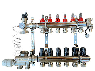 Колектор для теплої підлоги в зборі на 6 контурів з вузлом нижнього підключення (латунний), «DJOUL» Туреччина