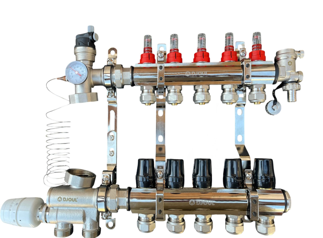 Колектор для теплої підлоги в зборі на 5 контурів з вузлом нижнього підключення (латунний), «DJOUL» Туреччина