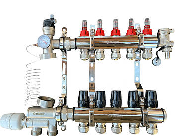 Колектор для теплої підлоги в зборі на 5 контурів з вузлом нижнього підключення (латунний), «DJOUL» Туреччина