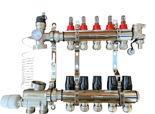 Колектор для теплої підлоги в зборі на 5 контурів з вузлом нижнього підключення (латунний), «DJOUL» Туреччина, фото 1