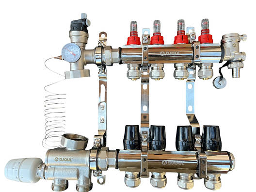 Колектор для теплої підлоги в зборі на 4 контури з вузлом нижнього підключення (латунний), «DJOUL» Туреччина, фото 1