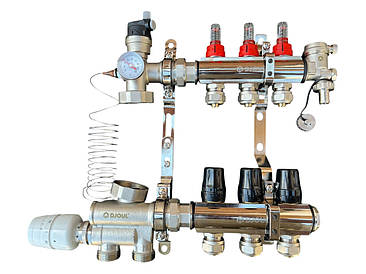Колектор для теплої підлоги в зборі на 3 контури з вузлом нижнього підключення (латунний), «DJOUL» Туреччина