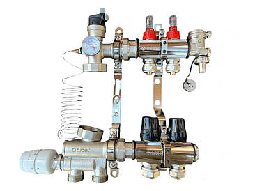 Колектор для теплої підлоги в зборі на 2 контури з вузлом нижнього підключення (латунний), «DJOUL» Туреччина