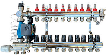 Колектор для теплої підлоги в зборі на 10 контурів з вузлом нижнього підключення (латунний), «DJOUL» Туреччина