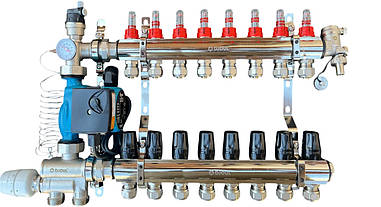 Колектор для теплої підлоги в зборі на 8 контурів з вузлом нижнього підключення (латунний), «DJOUL» Туреччина