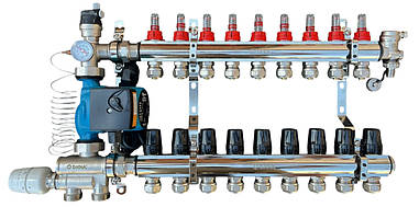Колектор для теплої підлоги в зборі на 9 контурів з вузлом нижнього підключення (латунний), «DJOUL» Туреччина