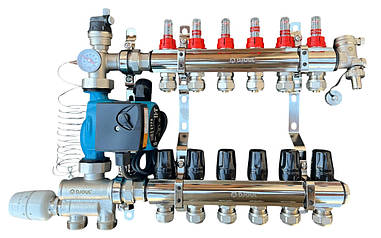 Колектор для теплої підлоги в зборі на 6 контурів з вузлом нижнього підключення (латунний), «DJOUL» Туреччина