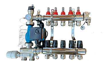 Колектор для теплої підлоги в зборі на 5 контурів з вузлом нижнього підключення (латунний), «DJOUL» Туреччина