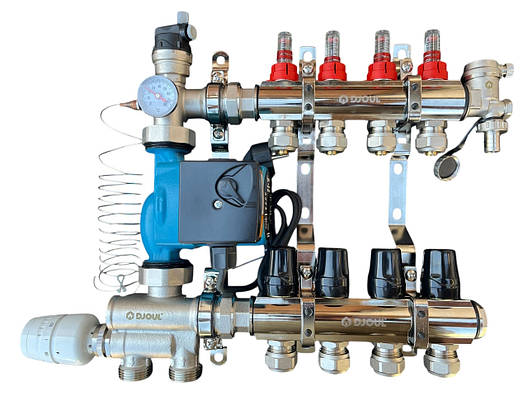 Колектор для теплої підлоги в зборі на 4 контури з вузлом нижнього підключення (латунний), «DJOUL» Туреччина, фото 1