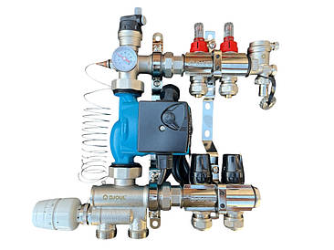 Коллектор для теплого пола в сборе на 2 контура c узлом нижнего подключения (латунный) , "DJOUL" Турция