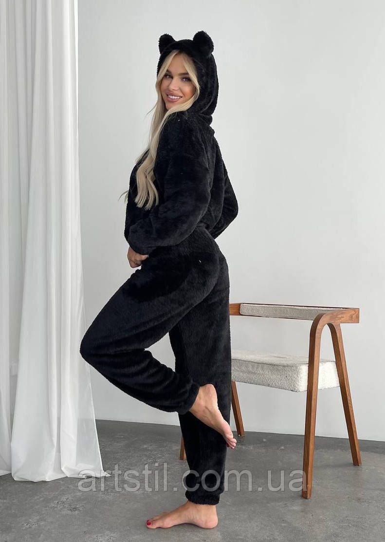 Домашній теплий жіночий костюм з вушками чорного кольору, фото 1