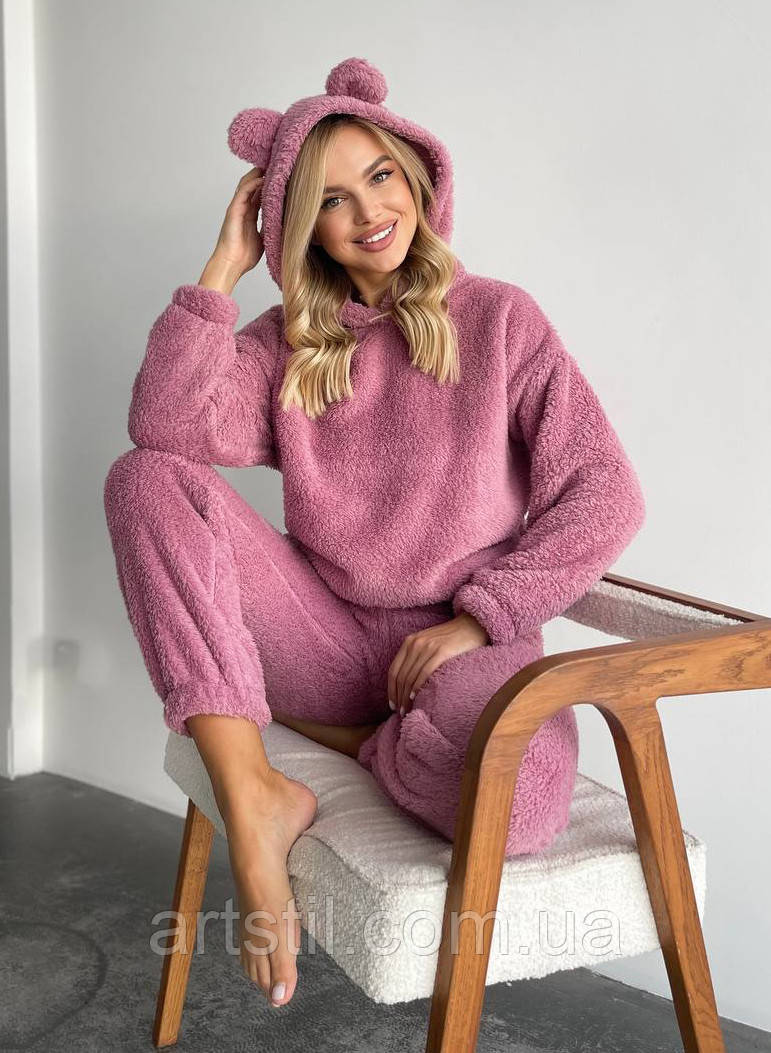 Рожевий махровий теплий жіночий костюм для дому, фото 1