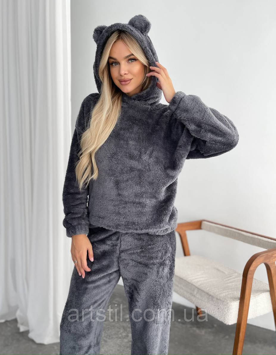 Махрова піжами з вушками  графітового кольору, фото 1