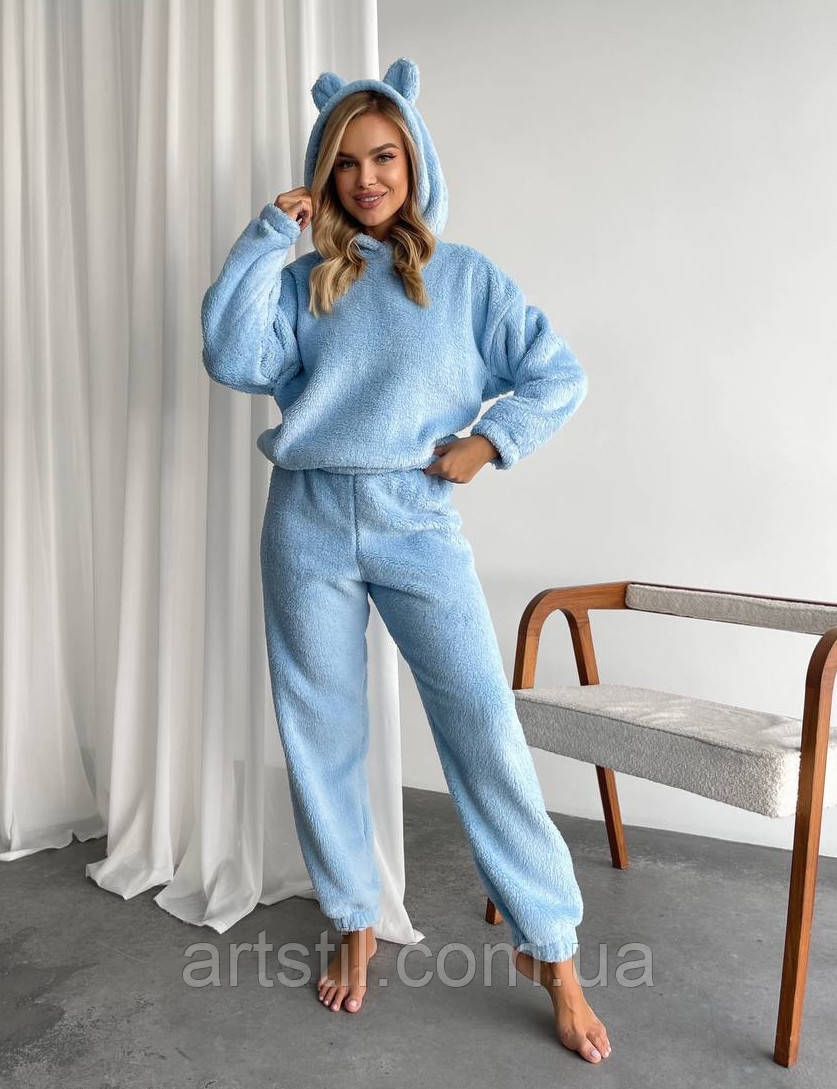 Махрова піжама з вушками голубого кольору, фото 1