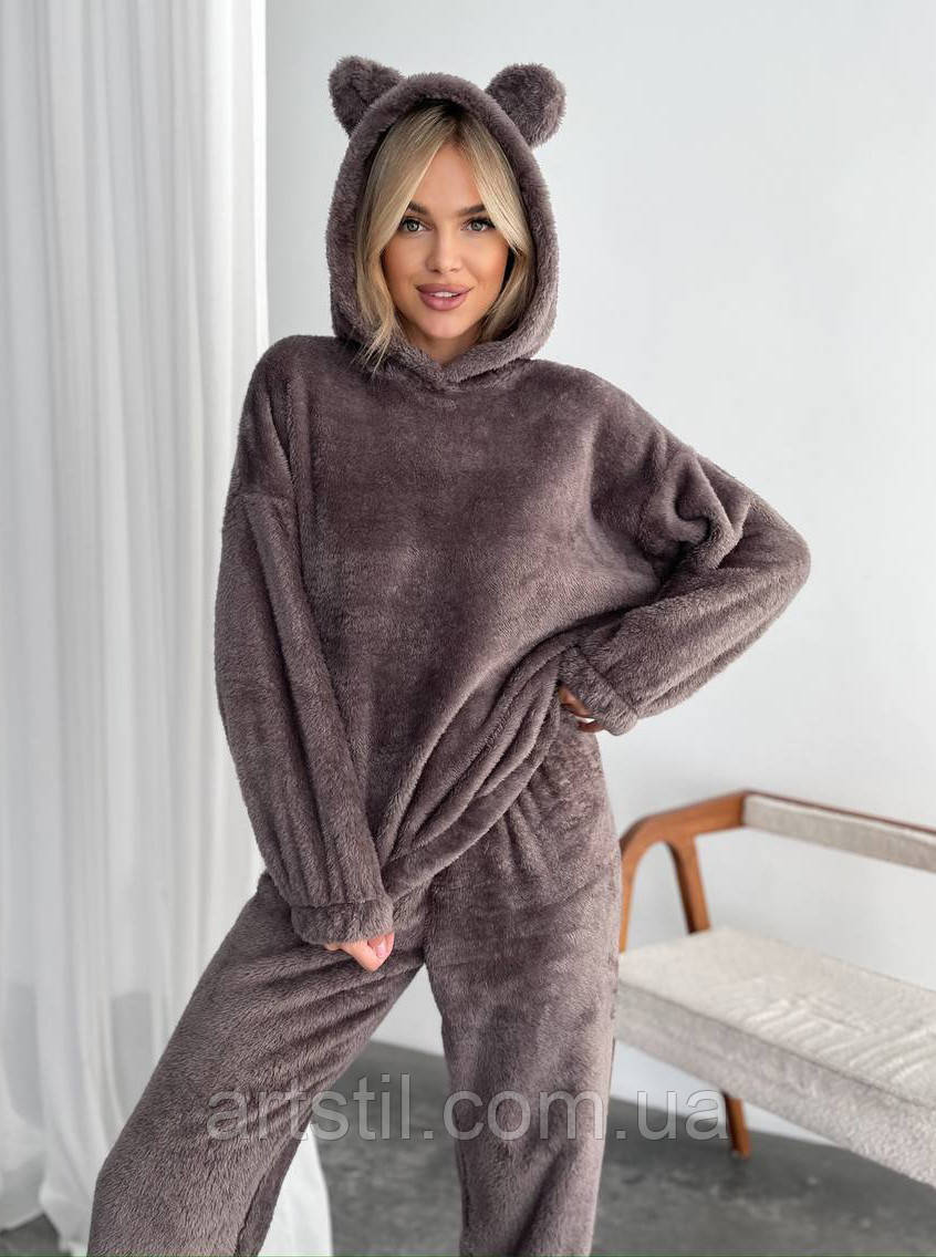 Жіночий махровий одяг для дому костюм з вушками коричневий, фото 1