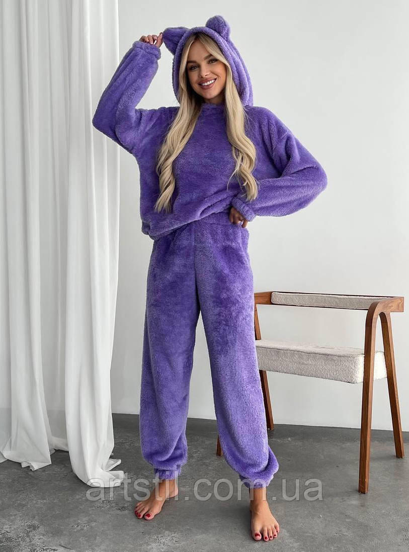 Махрова жіноча тепла піжама фіолетова, фото 1
