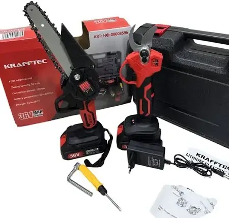 Набір 2в1 KRAFFTEC 36V: акумуляторна цепна пила 6" + секатор – сад, обрізка, будівництво, легкий та потужний, фото 1