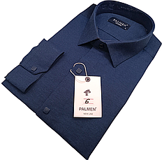 Чоловічі сорочки на кнопках Palmen vd-0006 класичні однотонні, сорочка чоловіча синя ошатна стильна Туреччина, фото 3