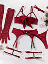 Спідня білизна Цукерка комплект облягаючий бюстгальтер, чокер, пояс з гартерами, трусики, рукавички бордовий S, фото 8