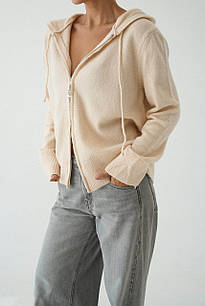 Жіночий в'язаний кардиган-светр з капюшоном і блискавкою, ванільний (Туреччина)