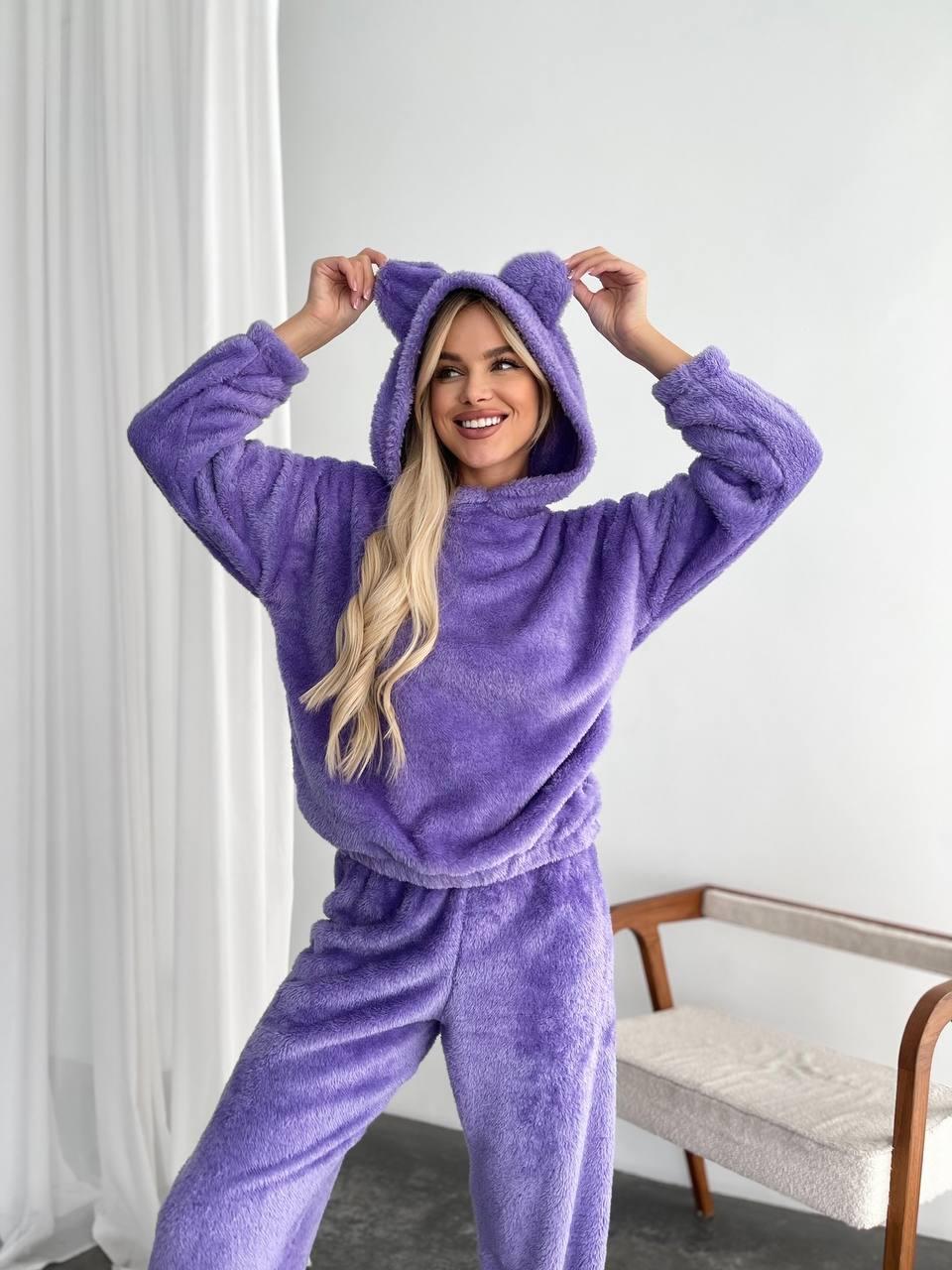 Жіноча домашня махрова піжама з вушками (Норма та напівбатал), фото 1