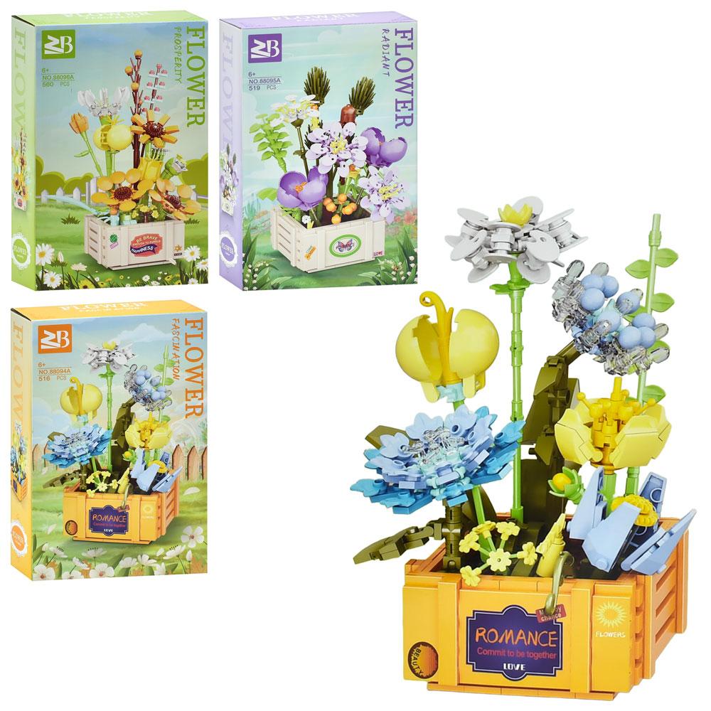 Конструктор 88094A-95A-96A (24шт) квіти в ящику, від 516дет, 3 види, в кор-ці, 20-32-8см, фото 1