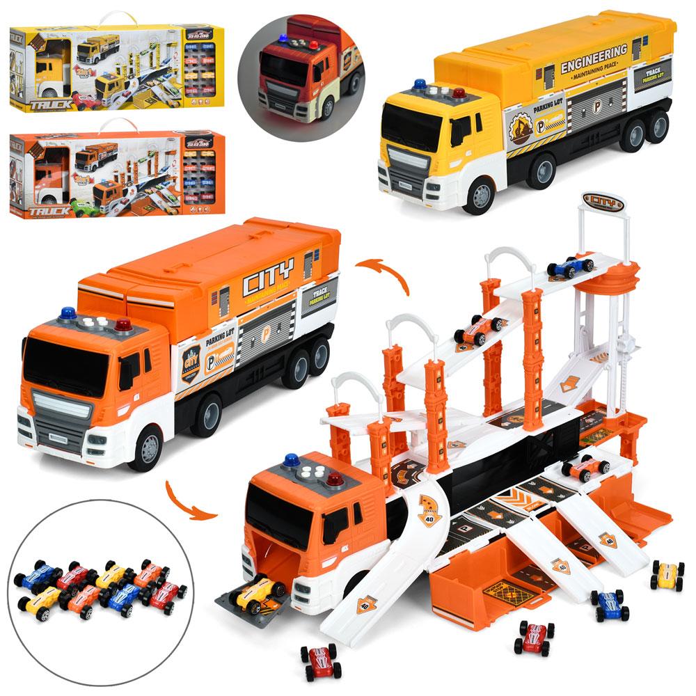 Гараж 660-S19-20 (8 шт.) трейлер 42 см-інерц, гараж/трек 50-38-в31 см, звук, светло, машинки 8 шт. 4,5 см, 2 види, на, фото 1